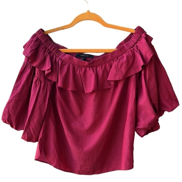 BCBG Maxazria Boho Burgundy Off Shoulder Ruffle Balloon Sleeve Blouse Top sz XS - Picture 2 of 7